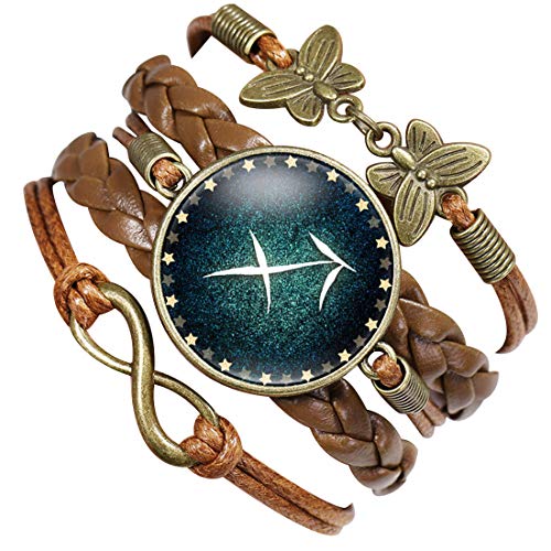 B.Z La Vie Pulsera del Zodiaco Infantil/Mariposa/ Elementos Infinitos de la Señal Cuero Trenzado Marrón Sagitario