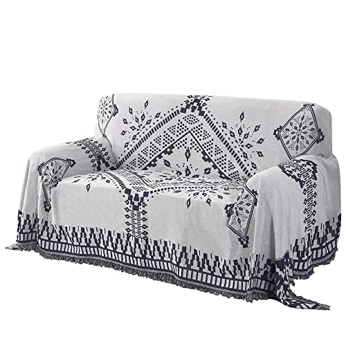 H.VERSAILTEX Reversible Sofa Cover Couch Cover for Dog Sofa Slipcover for Most Shape Sofa Furniture Protector with Tassels Sectional Couch Cover (Large: 71" x 102", Navy/White)