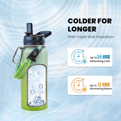 Image of RAYMYLO Insulated Water Bottle 32 oz, Triple Wall Vacuum Stainless Steel (Cold for 24Hrs, Hot for 12Hrs), Leak Proof & Non-BPA, Modern Water Flask Jug with Paracord Handle & Straw Spout Lids
