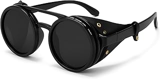 Minedmh Adjustable Tint Steampunk Sunglasses – ND Filter, UV400 Polarized – Retro Round Shades, Leather Side Shields