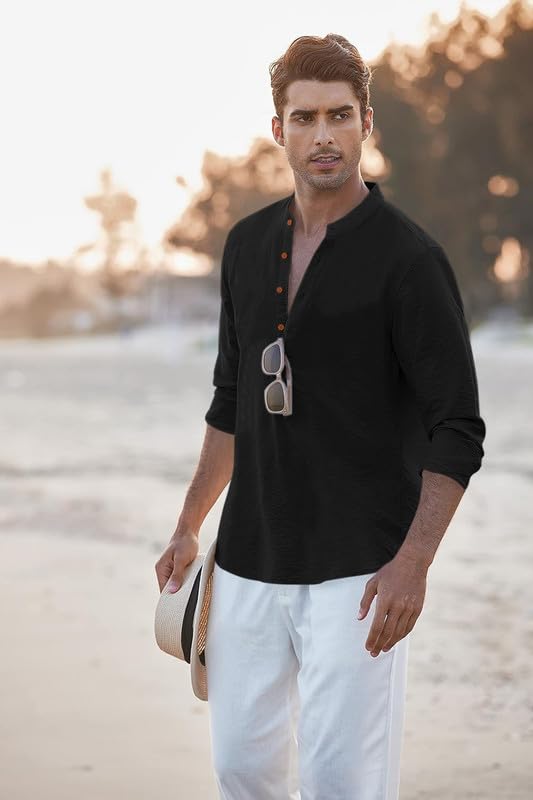 Image of Macsivo Men's Cotton Blend Henley Short Kurta with Mandarin Collar Long Sleeeve Button Closure Curved Hem Regular Fit | Kurta for Men Stylish