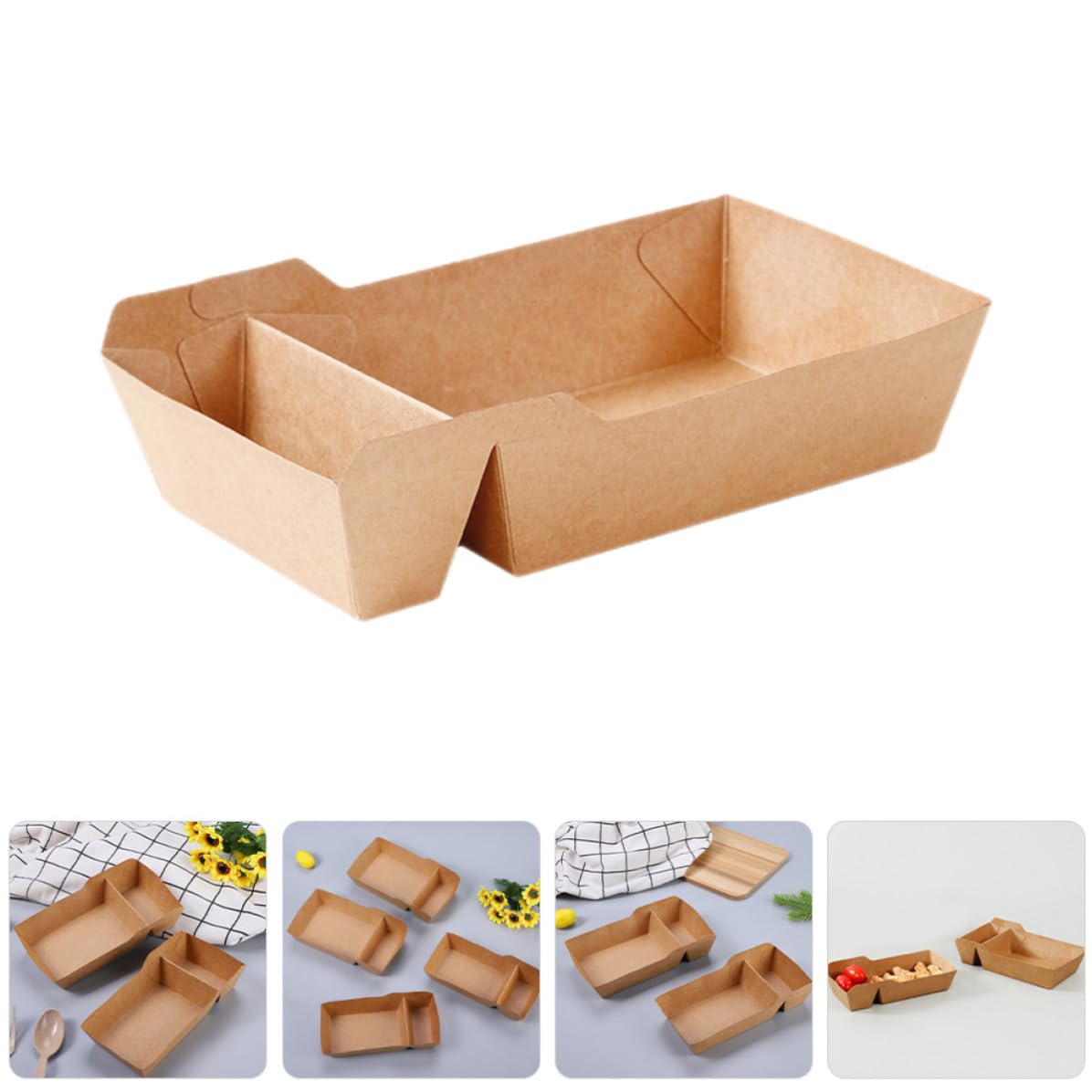 MALUGOGO Snackboxen und Kraftpapier 100 Stück mit Doppeltem Fach 520ml Volumen Faltbares Design Braune Lebensmittelbox für Partys und Feierlichkeiten