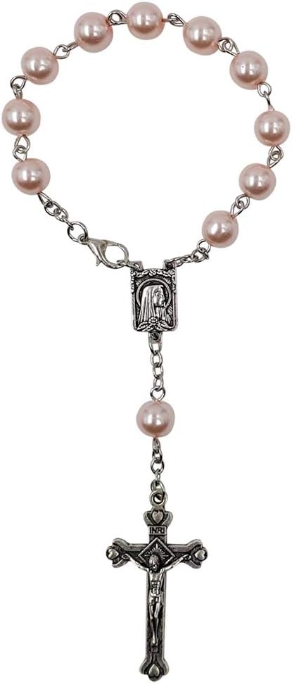 One Decade Auto Rosary for Rearview Mirror Pink Pearl Glass Beads Catholic Bracelet Our Lady of Lourdes Centerpiece Religious Gift Car Truck Travel Protection - Image 3