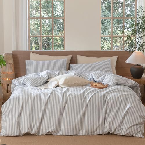 Image of MooMee Striped Duvet Cover Set 100% Washed Cotton Linen Like Alaska King | Relaxed Linen-like Texture. Soft, Breathable & Long-lasting Comfort. Lightweight. Hidden Zipper with 8 Interior Corner Ties