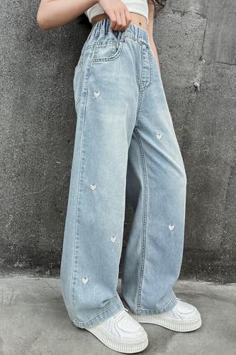 Girls Wide Leg Heart Embroidery Jeans Baggy Straight Denim Pants Vintage Streetwear Elastic Waist Casual Trousers2