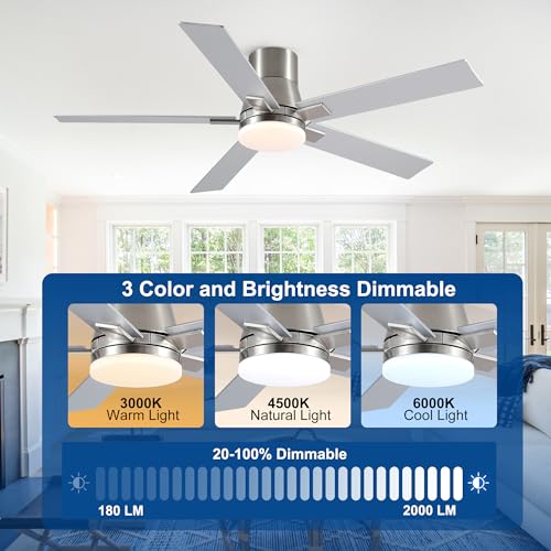 Image of 52 Inch Flush Mount Brushed Nickel Ceiling Fans with Lights and Remote