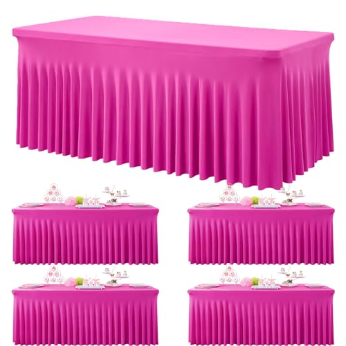 6ft Hot Pink Spandex Tablecloths for Rectangle Tables, 4pk Stretchy Table Cloths Fitted Tablecover 6 Foot Fuchsia Desk Skirt for Weddings Birthday Party Banquet Baby Shower