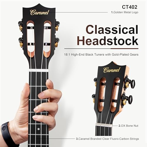 Image of 26 inch Caramel CT402 All Solid Mahogany Tenor Ukulele LCD color display Electric Uke Beginners Guitar Starter Pack Bundle Gig bag Strap Ukelele Set