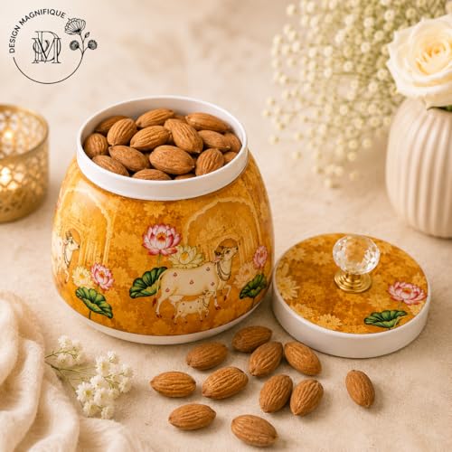 Image of Decorative Dry Fruit Jar with Lid | pichwai jar | 4 Inch kamdhenu Printed Jar for Dry Fruits, Mukhwas, Candy, baby shower housewarming wedding Return Gift | Premium Golden Cow Lotus Print (Yellow)