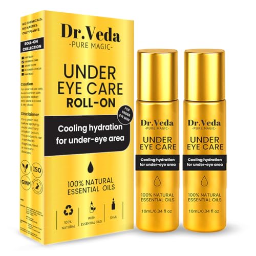 Image of Dr. Veda Under Eye Roll-On Cream for Dark Circles, Puffiness & Fine Lines | Eye Bag Remover | Cooling, Brightening & Hydrating Natural Formula | Anti-Wrinkle | For Men & Women | 10 ml (Pack of 2)