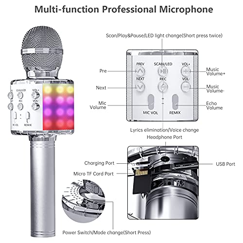 Ovellic Karaoke Microphone For Kids, Wireless Bluetooth Karaoke Microphone With Led Lights, Portable Handheld Mic Speaker Machine, Great Gifts Toys For Girls Boys Adults All Age (Silver) #TOP5