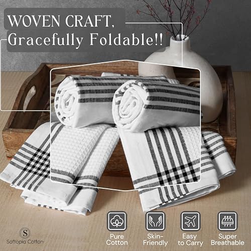 Image of Waffle White & Black 4 Pack Kitchen Dish Towels, 100% Cotton, 16x26 inches, Wash Rags for Drying Dishes, Highly Absorbent, Long Lasting Hand Towels Set for Daily Cooking & Cleaning