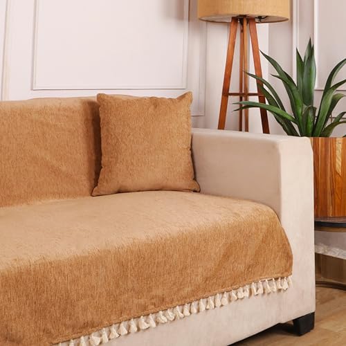 Image of STITCHNEST Beige Chenille Sofa Cover 70x60 Inch - Soft, Durable & Textured Fabric with Tassels | Full Coverage Sofa for Living Room, Bedroom, or Drawing Room7