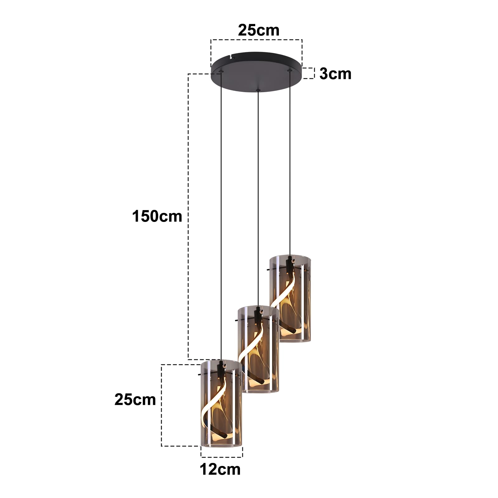 LED Hängelampe Esstisch 3-flammig, 33W Hängelampe aus Rauchglas | Höhenverstellbare Pendellampe Vintage Industrial, Warmweiß 3000K, Moderne Esstischlampe für Esszimmer, Küche und Wohnzimmer