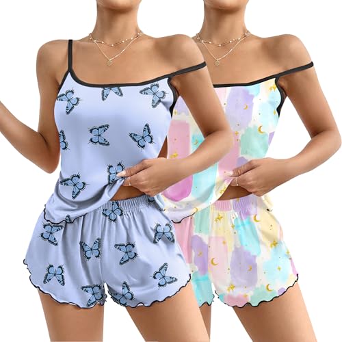 Image of Ekouaer 2 Pack Womens Cami Pajama Sets Cute Print Tank Top Pjs and Shorts Camisole Lounge Set