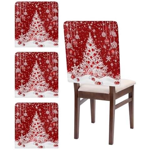Zadaling Set of 4 Christmas Chair Covers Red Back Slipcover, Red Xmas Tree Balls Snowflake Winter Snow Chair Protector for Kitchen Hotel Removable Washable Dining Chair Back Cover Xmas Decor Cover