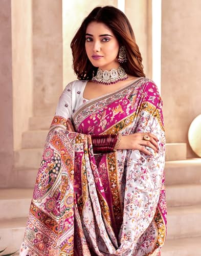 Image of SIRIL Women's Silk Kashmiri Minakari Jacquard Saree With Unstitched Blouse Piece