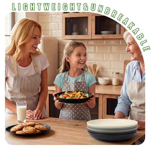 Image of 9In Plastic Dinner Plates Reusable Set of 6, Wheat Plates for Kids | Unbreakable and Lightweight Deep Dish Plates for Home Kitchen & Outdoor Use - Grey Stone