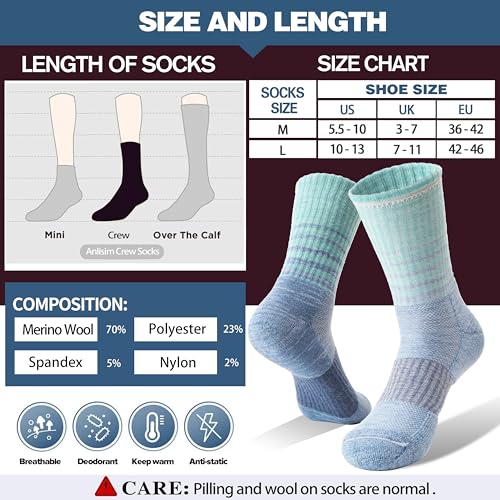 Anlisim Merino Wool Hiking Socks for Women Thermal Winter Warm Boot Work Cushion Socks 5 Pairs