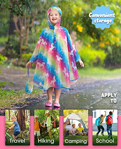 Wawsam Lightweight Girls Rain Poncho Waterproof Toddler Raincoat Reusable Kids Rainwear Portable Unicorn Rain Slicker Outwear With Pouch Youth Rainbow Rain Jacket With Hood For School Travel Camping #TOP3