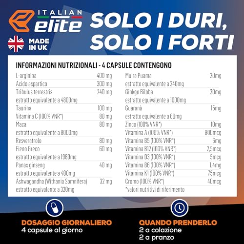 Italian Elite® Testo Extreme 240 caps Maca 8000mg. Booster Stimolante Naturale del Testosterone con Tribulus, Fieno Greco, Zinco, Arginina, Ashwagandha, Vitamine e Minerali. Forza Energia Resistenza! - 6