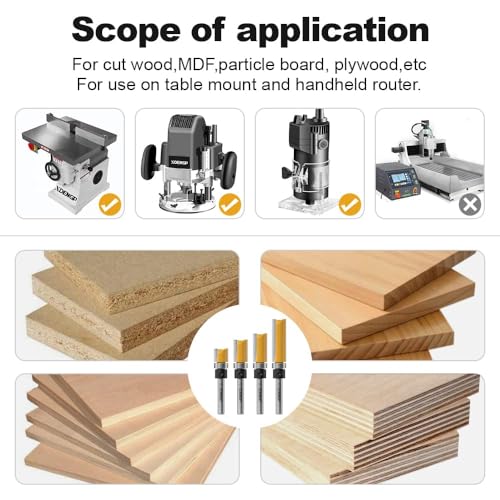 Image of 4 PCS Pattern Flush Trim Router Bit Set 1 /4 Inch Shank, Top Bearing Flush Cut Trim Router Bit for Woodworking, Cutting Diameter: 1 /2 inch, Cutting Length: 1 /2 inch, 3 /4 inch, 1 inch, 1-1 /2 inch