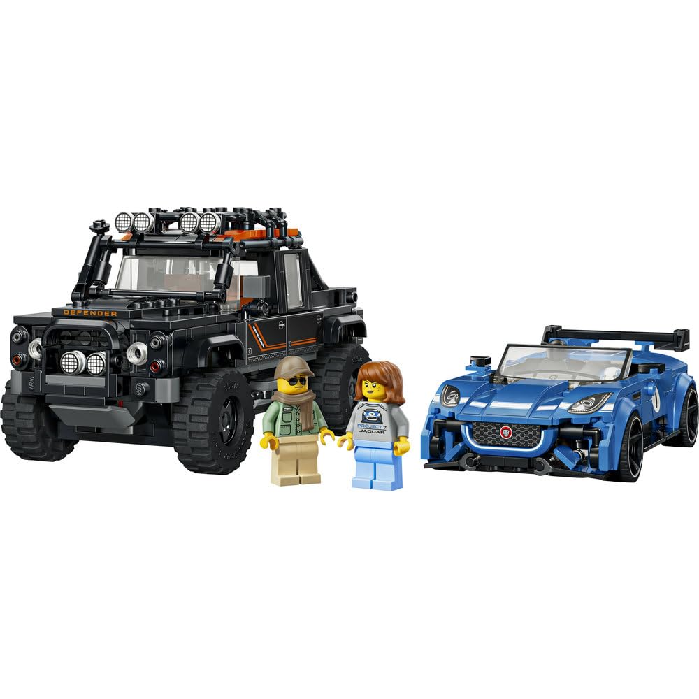 LEGO Speed Champions Jaguar Project 7 i Land Rover Defender 77264 | Model samochodu, zestaw klocków, prezent dla fana motoryzacji 10+, z minifigurką, 740 elementów