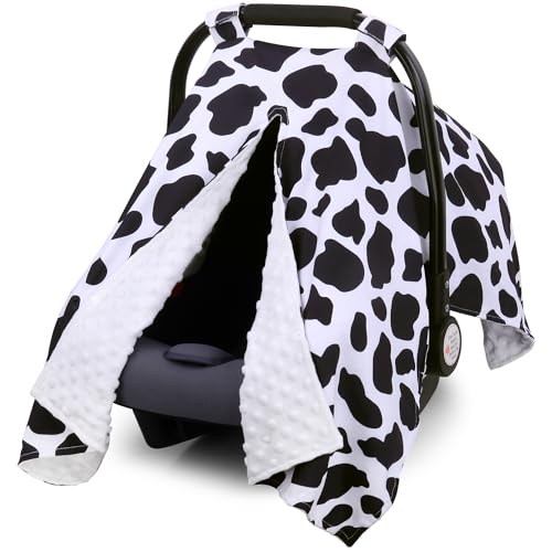 Image of Rquite Baby Car Seat Cover, Carseat Covers Baby Boy, Minky Infant Car Seat Cover Winter, Peekaboo Opening Car Seat Canopy, Multi-use Baby Carrier, Stroller, Nursing Cover, Minky Blanket, Cow Print