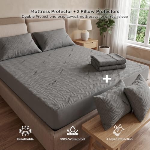 Image of AYKA Combo Pack Waterproof Mattress Protector & 2 Pillow Protectors | Queen 78x60 Inch | 100% Waterproof Charcoal Bed Protector | Breathable, Noiseless Mattress & Pillow Covers | Grey