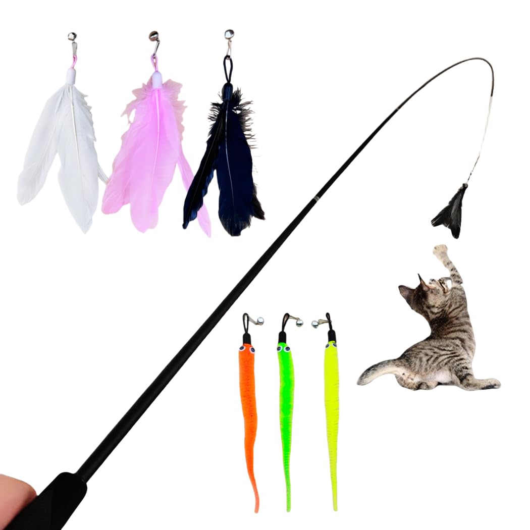 7 Pieces Telescopic Cat Wand Toy Extend Ultra Long to 1.8M Retractable Cat Teaser Stick Cat Fishing Pole Toy with 3 Feathers 3 Worms Refills Interactive Cat Toys for Indoor Cats Kittens Playing Fun