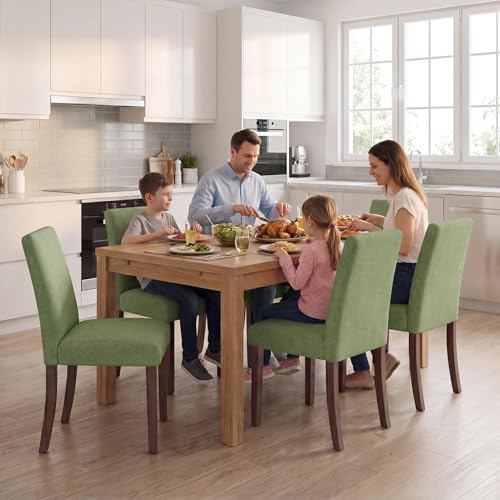 Image of Upholstered Dining Chairs Set of 2, Mid-Century Dining Room Chairs with Wooden Legs, Farmhouse Fabric Parsons Chairs for Small Space Restaurant & Cafe- Green