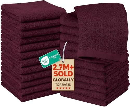 Towels 24 Pack Cotton Washcloths Set - 100% Ring Spun Cotton, Premium Quality Flannel Face Cloths, Highly Absorbent and Soft Feel Fingertip Towels (Burgundy)