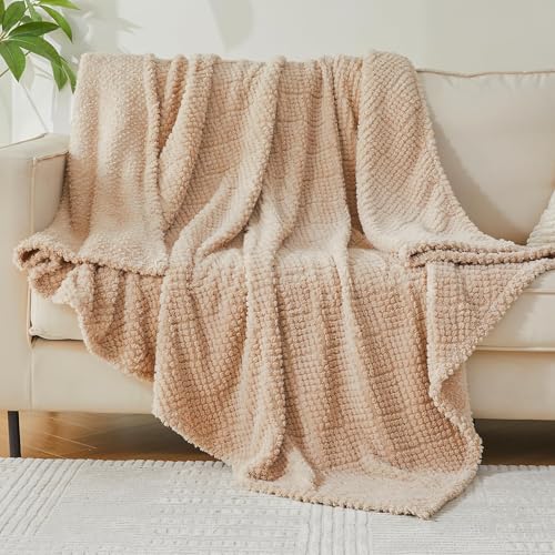 Image of EMME Fleece Blanket, 3D Jacquard Throw Blanket for Couch and Bed, Soft Cozy and Fluffy Blankets Lightweight Luxury Flannel with Waffle Design (Beige, 80 inch x 90 inch)