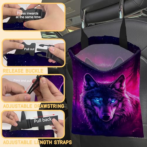 Image of Wolf Car Garbage Bag,Glowing Wolf on Starry Night Small Car Trash Bag Hanging,Drawstring Car Garbage Bag with Adjustable Buckle for Car Back Seat,SUVs,Camping,Road Trips