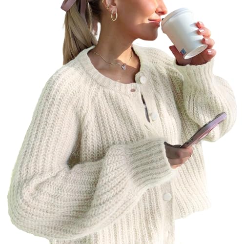 Wyeysyt Womens Cardigan Sweater Button Down Long Sleeve Chunky Soft Knit Sweater Fall Open Front Loose Casual Cardigan Coat(Beige-M)