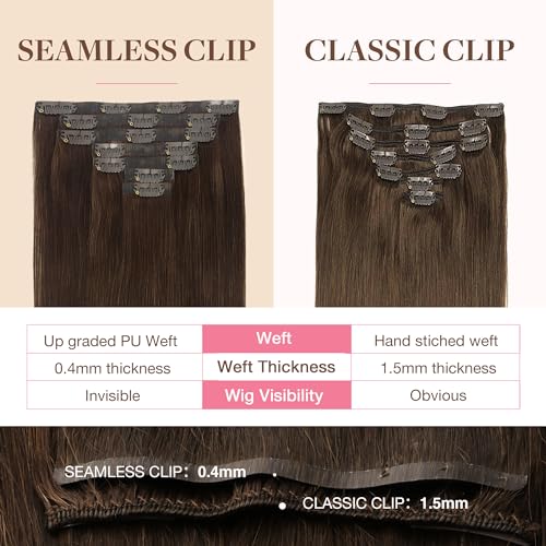 Image of GOO GOO Clip in Hair Extensions Real Human Hair, Remy Human Hair Extensions Clip ins for Women, Natural Human Hair, 16inch 130g 7Pcs, 4A Chocolate Brown