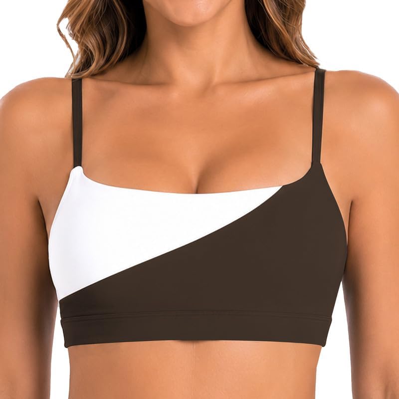 Sunzel Colorblock Sports Bra for Women Adjustable Straps Padded Yoga Bra Scoop Neck Wireless Crop Top Low Impact Workout Gym
