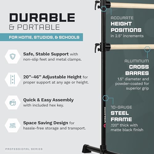VITA Barre Portable Freestanding Double Ballet Barre, Professional, 8 Ft Bars, Black, Wood | Adjustable Height, Made in USA, Home or Gym Exercise Equipment for Kids & Adults | Dance, Fitness, Pilates