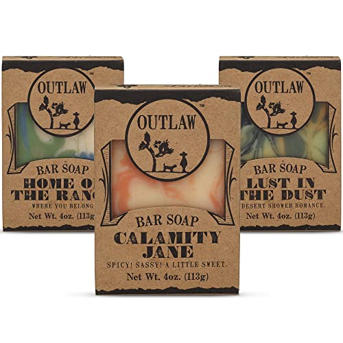 Try 3 Handmade Natural Soaps Gift Set - 3 Handmade Bar Soaps in a Linen Bag - Lust In The Dust, Home On The Range, & Calamity Jane - 3 Count (12 oz. Total) - Outlaw Soaps