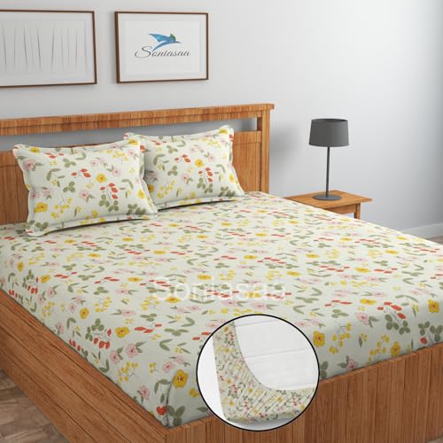 Image of 202 TC Cotton Feel All Around Elastic Fitted Bedsheet, Elastic Fitted Bedsheet King Size Bedsheet for Double Bed with 2 Pillow Covers, Size - 72 x 78 x 8 Inch Color Pista
