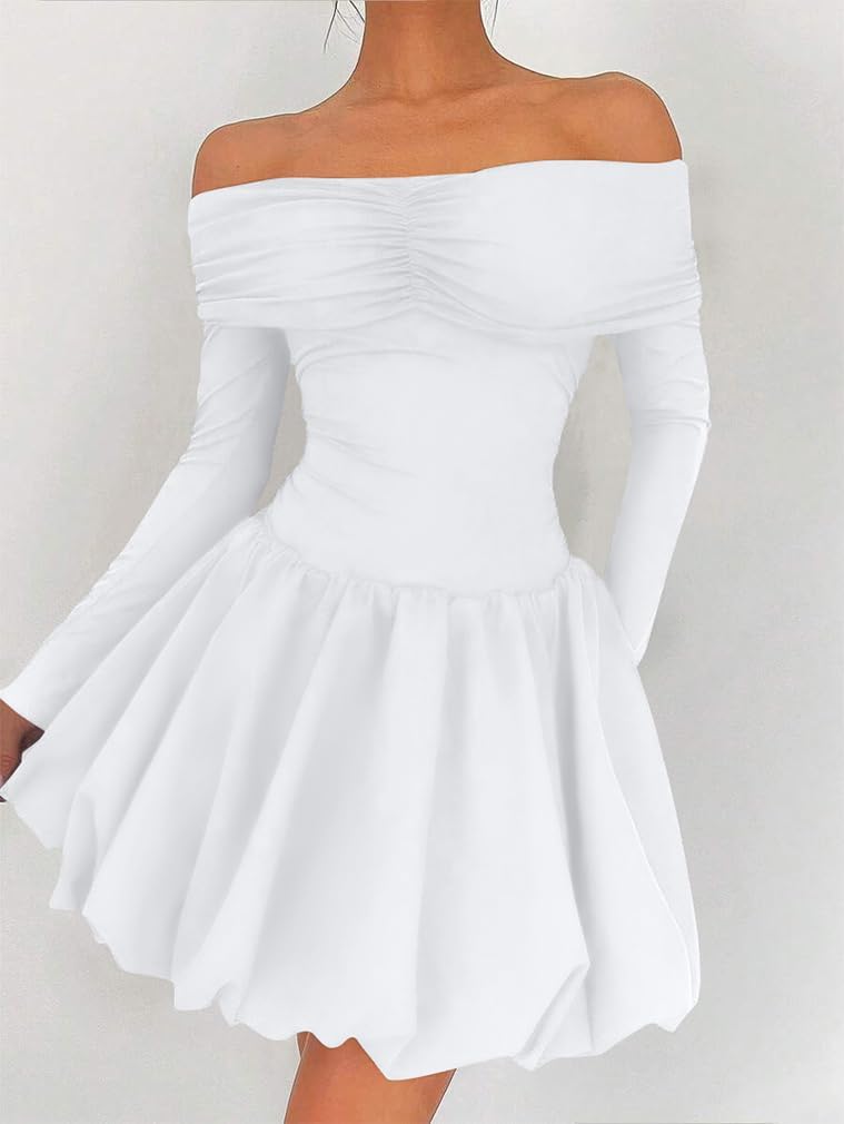 LAGSHIAN Women's Off Shoulder Mini Bubble Dress Long Sleeve Cute Drop Waist A Line Party Dresses - Image 5