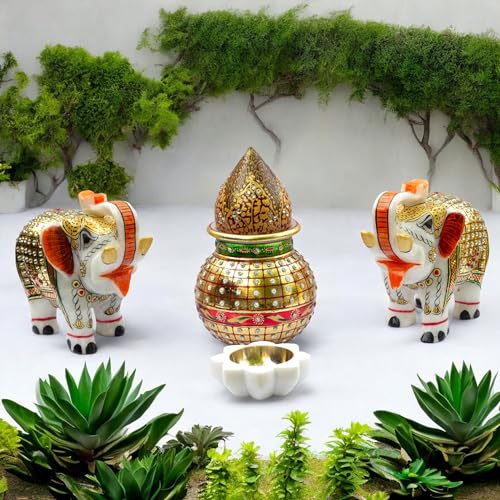 Premium Auspicious Marble Gift Box Set for Diwali, Weddings, Grihpravesh | Handcrafted Marble 2 Pcs Big Size 5" Elephants, Mangal Kalash, Shreephal, Diya (12x15 inch) — photo — 3 of 9