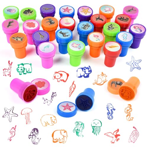 VGECEE Lot de 24 Multicolore Tampons Auto-Encreurs Tampons Animaux Multicolores Tampon...