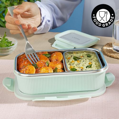Image of Larah by BOROSIL Freshbyte Stainless Steel Lunch Box | 800 ml + 200 ml Rectangle Container Set | Airtight, Dishwasher Safe Tiffin | Portable Kids Tiffin | 1 Year Warranty (Green)