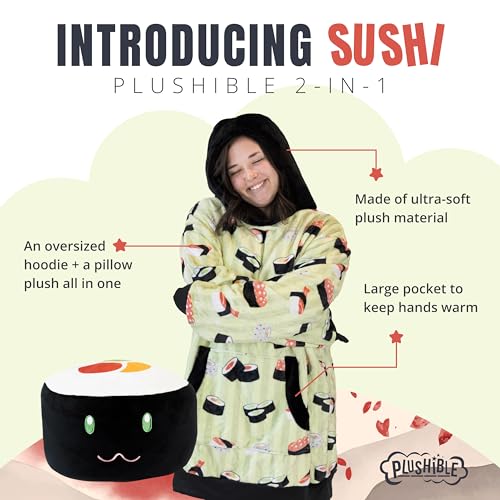 Image of Plushible Wearable Hooded Blanket for Adults, Oversized Hoodie with Sleeves & Pocket, 2-in-1 Comfy Hoodie Blanket Pillow - Sushi