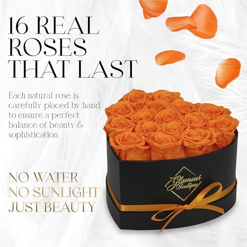 Image of GLAMOUR BOUTIQUE 16 Flower Forever Heart Shape Box, Mothers Day Gift For Mom, Eternal Preserved Roses Gift for Her, Flowers bouquet, For Birthday, Anniversary, Girlfriend - Orange (Color-Treated)
