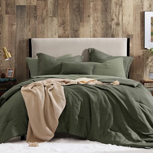 Geniospin King Size Comforter Set- 7 Piece Dark Green Textured King Bedding Set, Soft Solid Bed in a Bag for All Season, King Comforter Set with Sheets(Dark Green,102''x90'')