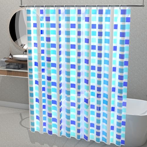 Image of Kuber Industries Pack of 2 Waterproof 71x71 Inch Shower Curtains for Bathroom with 12 Rings | Washroom Partition Screen & Wall Divider Parda for Bath | JY-2-2 | Block Print - Blue