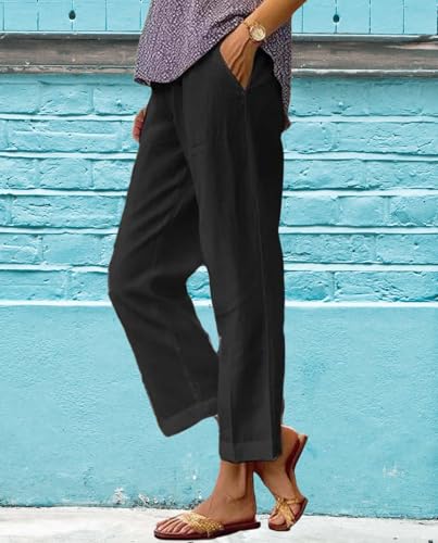 Women Cotton Linen Cropped Pants Summer Classic Straight Leg Casual Elastic High Waisted Wide Leg Pant with Pockets3