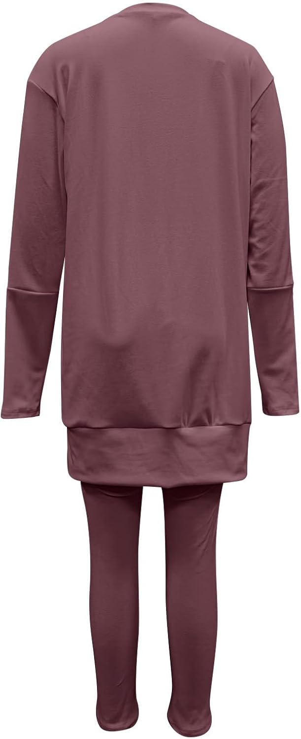 Women Casual Set Oversized Crew Neck Side Slit Long Sleeve Sweatshirt Slim Fit Trousers Winter Spring Fashion Clothes